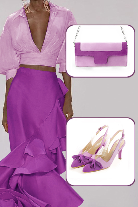 Women's mauve purple elegant slingback heels, with a bow on the front. Tapered toe. High slim heel - Top view